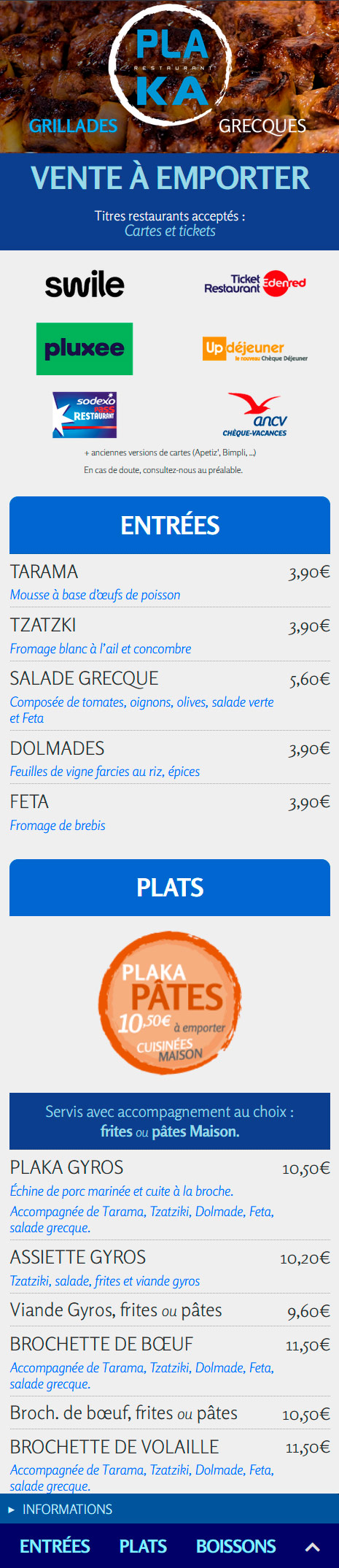 Page des plats à emporter sur mobiles - resto-plaka.fr